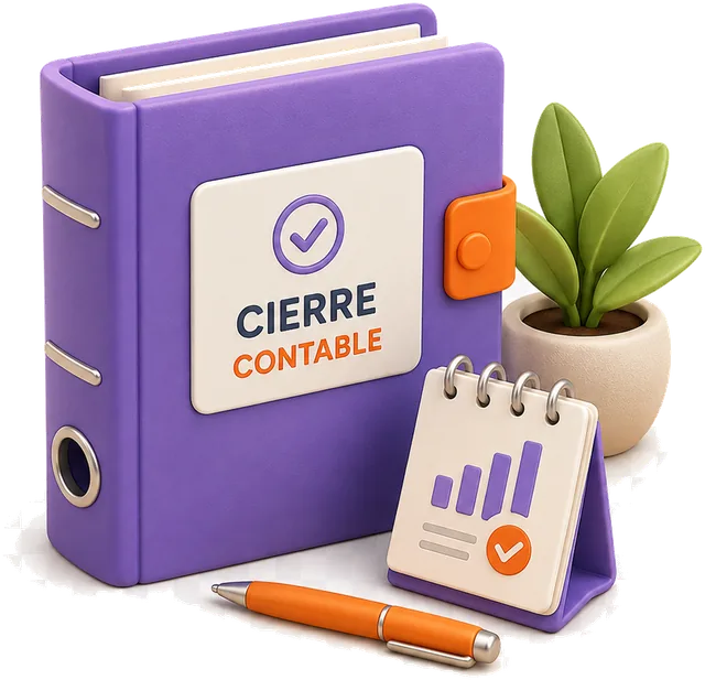 Libro de cierre contable con calendario y planta